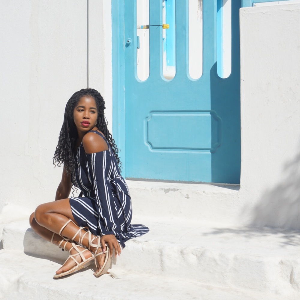 Stripped one shoulder flounce hem dress